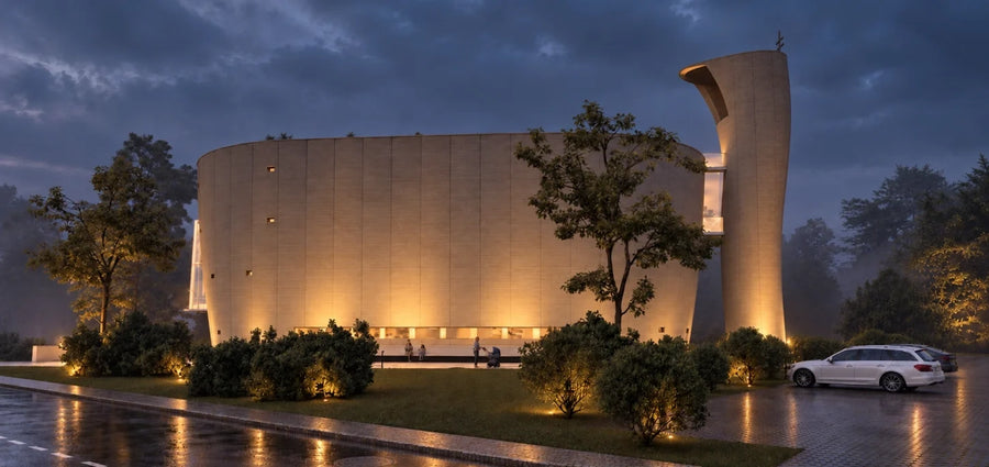 Visualização arquitetónica da futura igreja e do centro comunitário de Neratovice, com volumes curvos e torre.