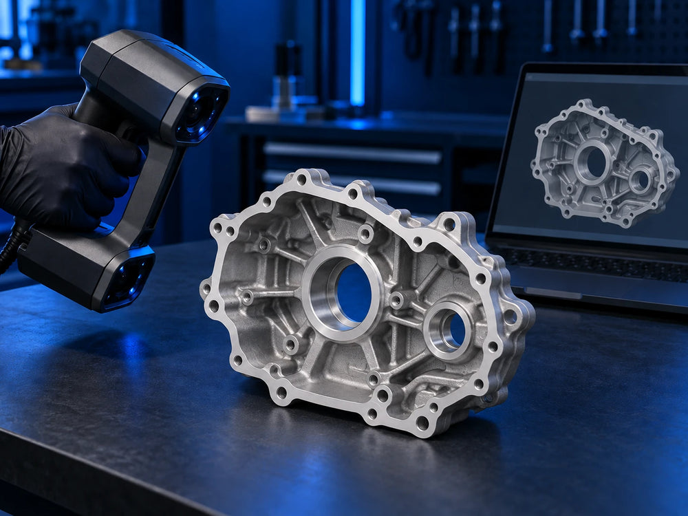 Digitalização 3D de um cárter de motor e representação do modelo digital no ecrã.