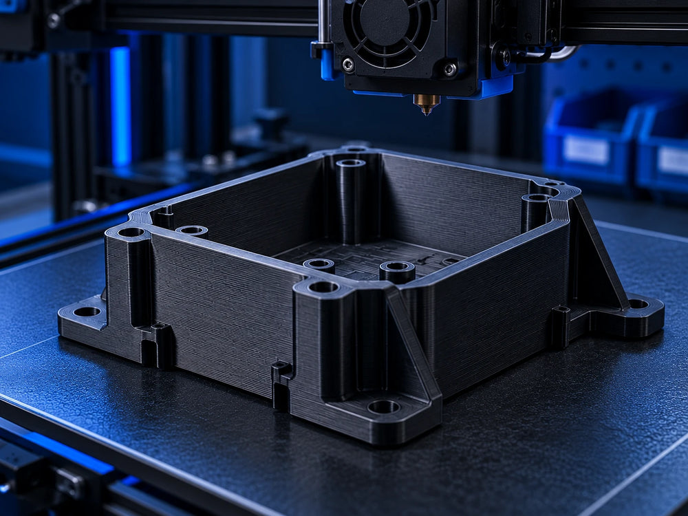 Impressão 3D de uma peça técnica em polímero.
